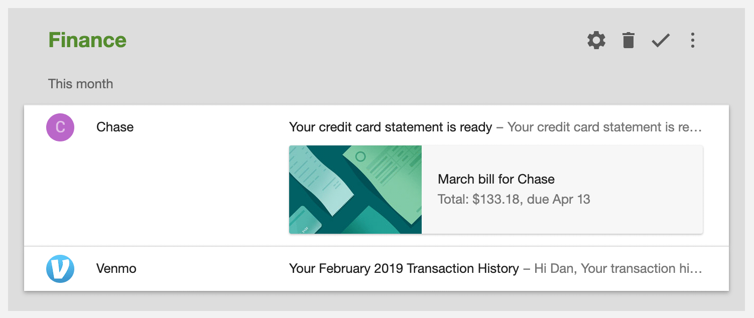 Spending all my money on frivolities like self-hosted blogs Screenshot showing Inbox finance bundle