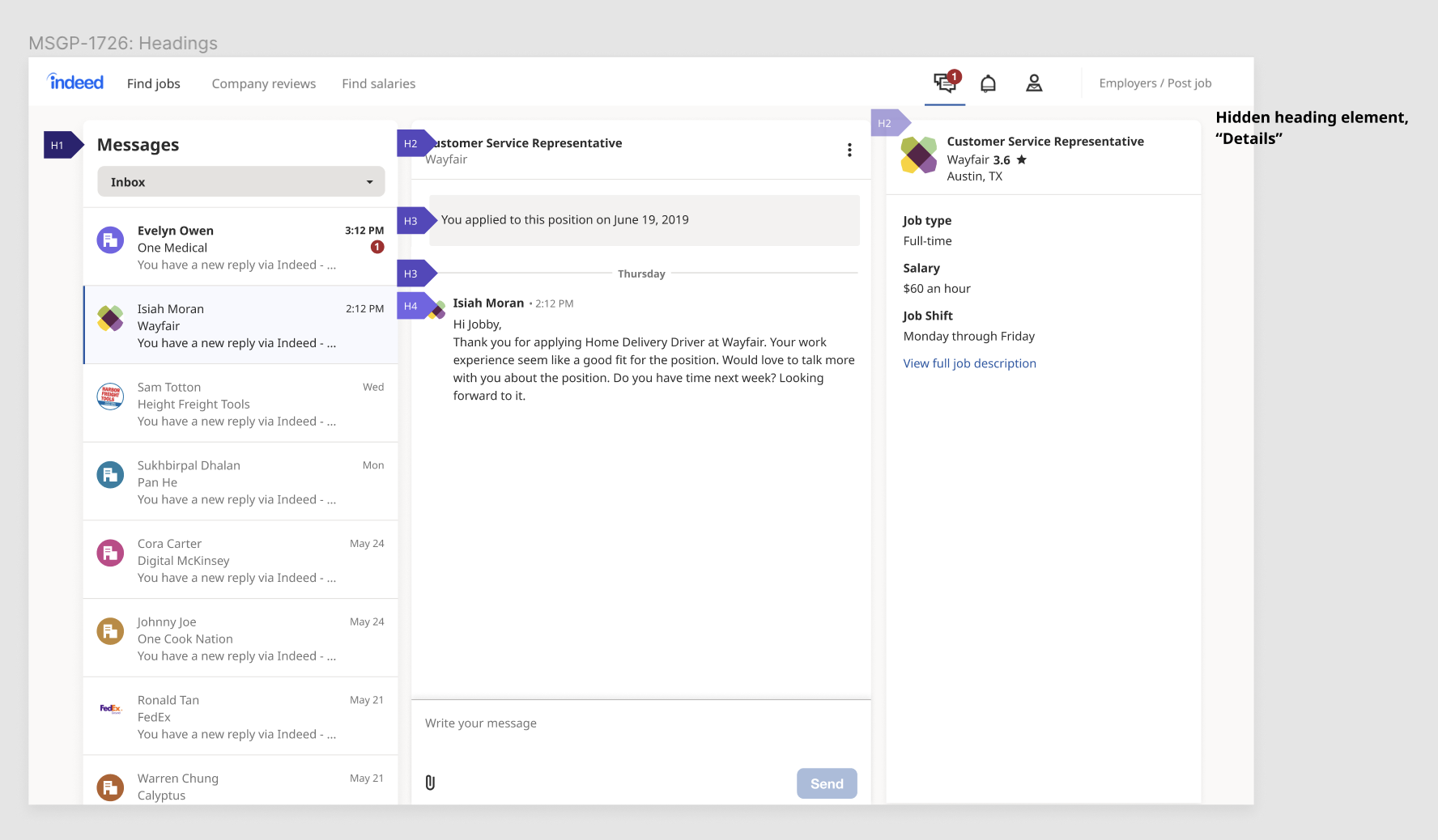 An annotated mockup of Messaging with heading levels highlighted