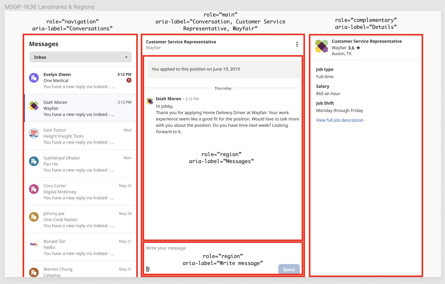 An annotated mockup of Messaging with landmark regions highlighted