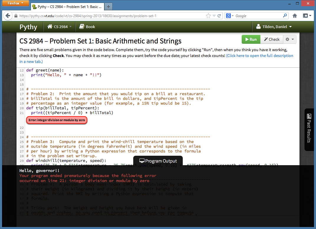 Screenshot of pythy showing a program running, then quitting due to an error